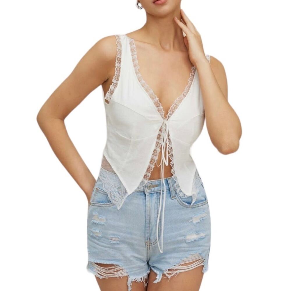 Micas Women's Small White Lace Floral Trim Tie Front Summer Lightweight Tank Top - Picture 4 of 11